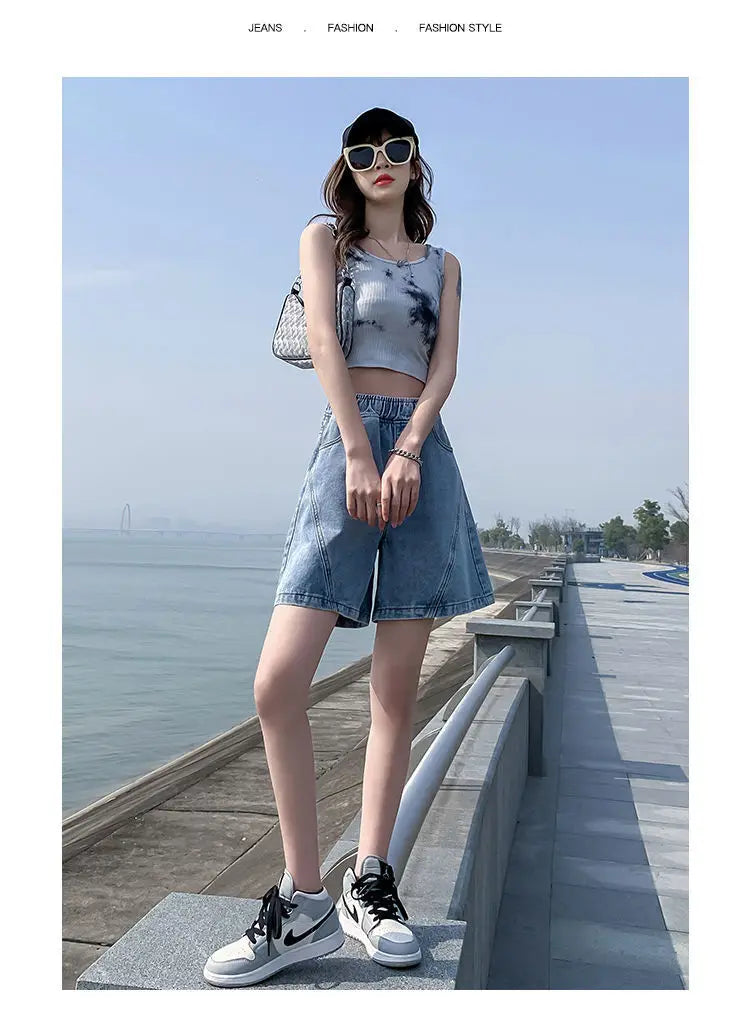 Big Size Denim Shorts Quarter Trousers A Wide Leg Loose High Waist Skinny Students Fattening Women Pocket Splicing Stripe - reetell