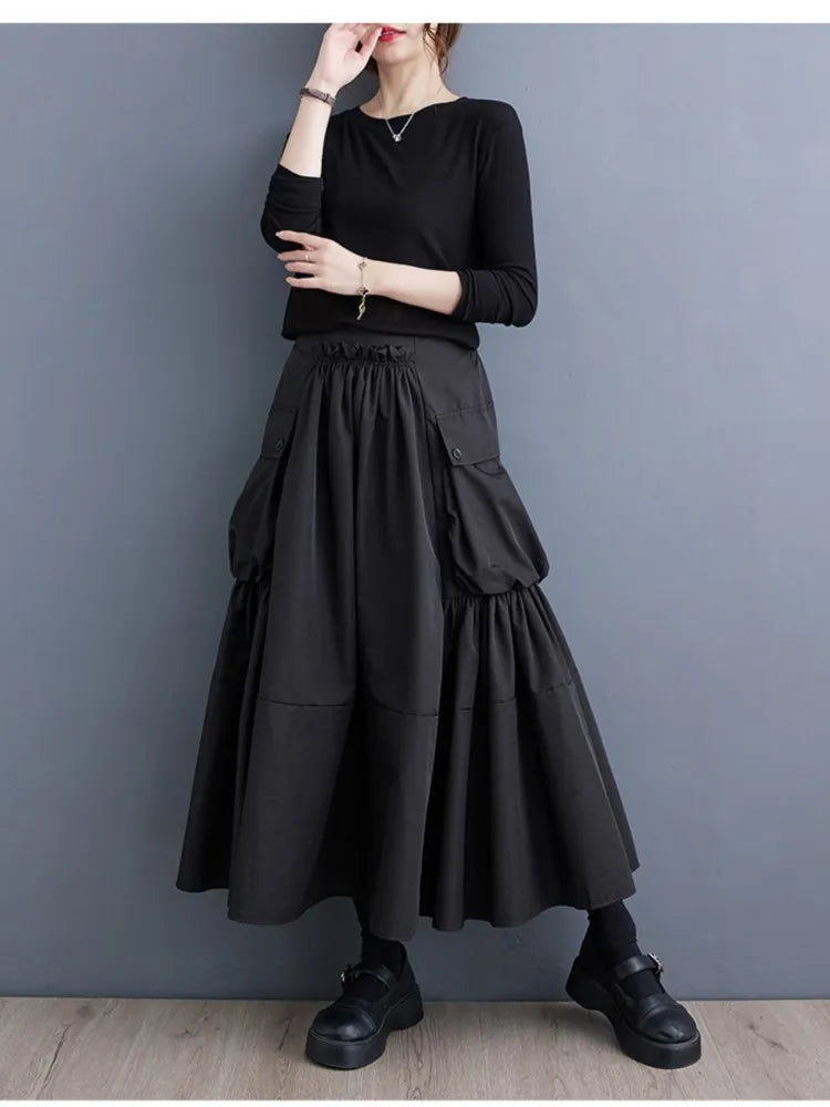 Oversized Spring Autumn Cargo Midi Skirt Women Elastic High Waist Fashion Ruffle Pleated Ladies Skirts Loose Casual Woman Skirt - reetell