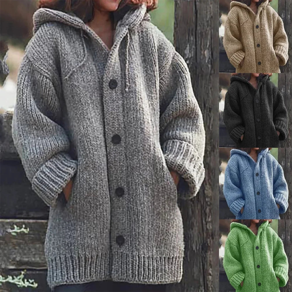 Long Sleeve Open Front Button Down Chunky Outwear Coat with Pockets Women Knitted Cardigan Sweater - reetell