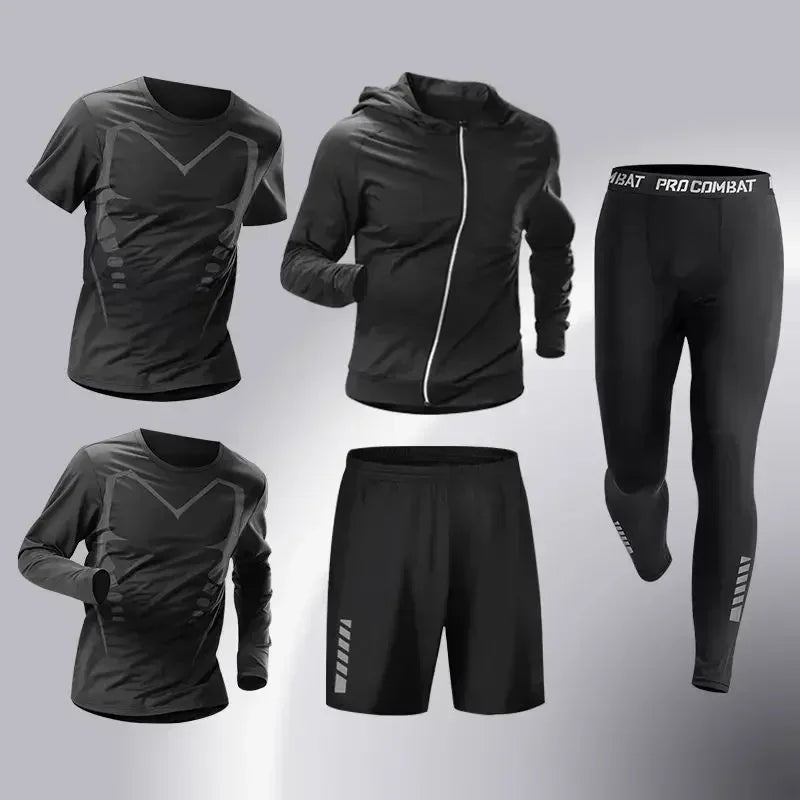 Fashion 3-5 PCS Mens Running Sportswear Set Fitness Jogging Compression Tracksuit Suit Training Sports Clothes Dry Fit Leggings