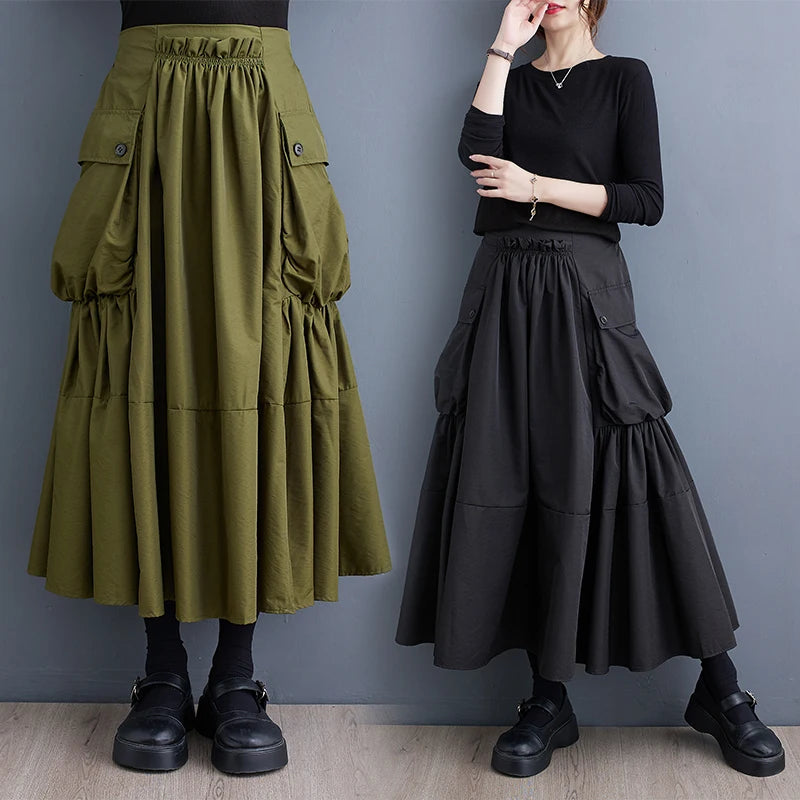 Oversized Spring Autumn Cargo Midi Skirt Women Elastic High Waist Fashion Ruffle Pleated Ladies Skirts Loose Casual Woman Skirt - reetell