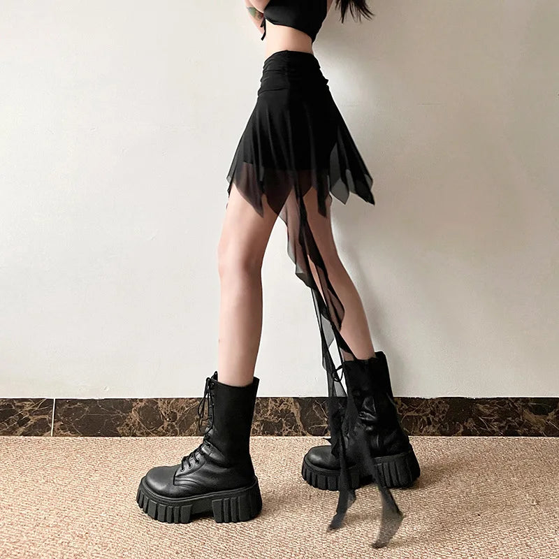 Goth Dark 2000S Aesthetic Irregular Hem Short Skirt Gothic Fashion High Waist Slim A-Line Skirts E-girl Streetwear Mesh Bottoms - reetell