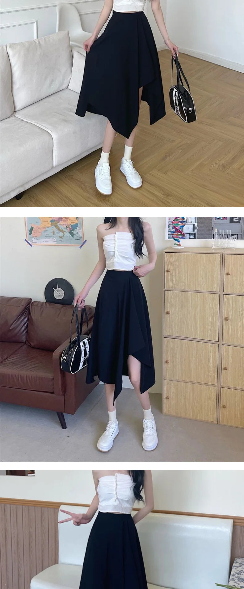 Black Irregular Skirt Women Spring Summer High Waist Thin Mid-length Umbrella Skirts Plus Size Bottoms Vintage Y2k Clothes - reetell