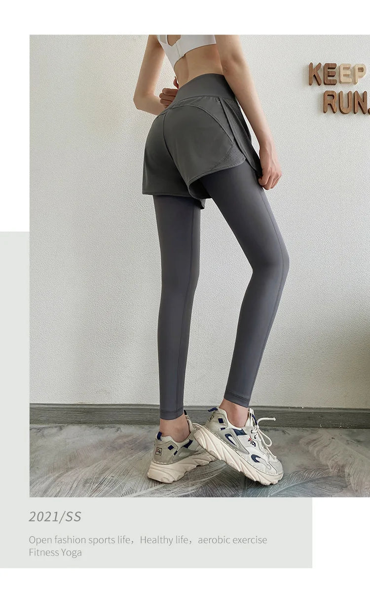 Women Gym Yoga Pants Fake 2 Pieces Sports Pants With Shorts Quick Dry Outdoor Fitness Training Workout Running Tights Leggings - reetell