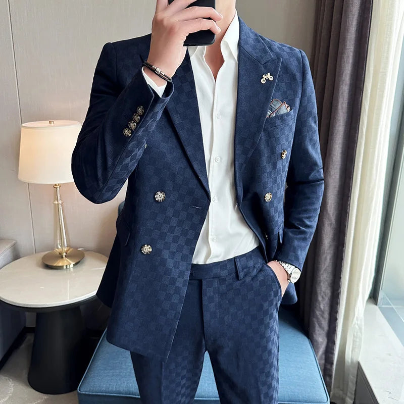 (Jacket+Pants) 2 Pieces Blue Apricot Business Party Men Suits Double Breasted Formal Style Custom Made Wedding Groom Tuxedos - reetell