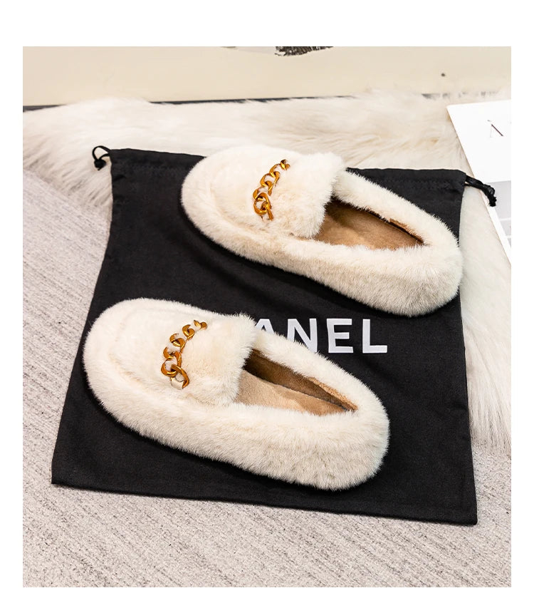 2023 winter women's outdoor plush warm shoes british style metal chain decoration snow boots boat shoes Ladies' casual flats - reetell