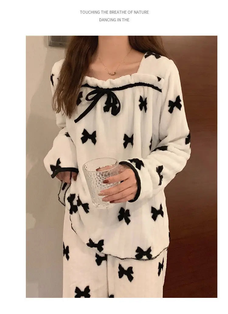 Coral Fleece Pajamas Sets for Women Autumn Winter Thick Warm Sweet Long Sleeve Sleepwear Nightgown Pijama Suit Mujer Homewear