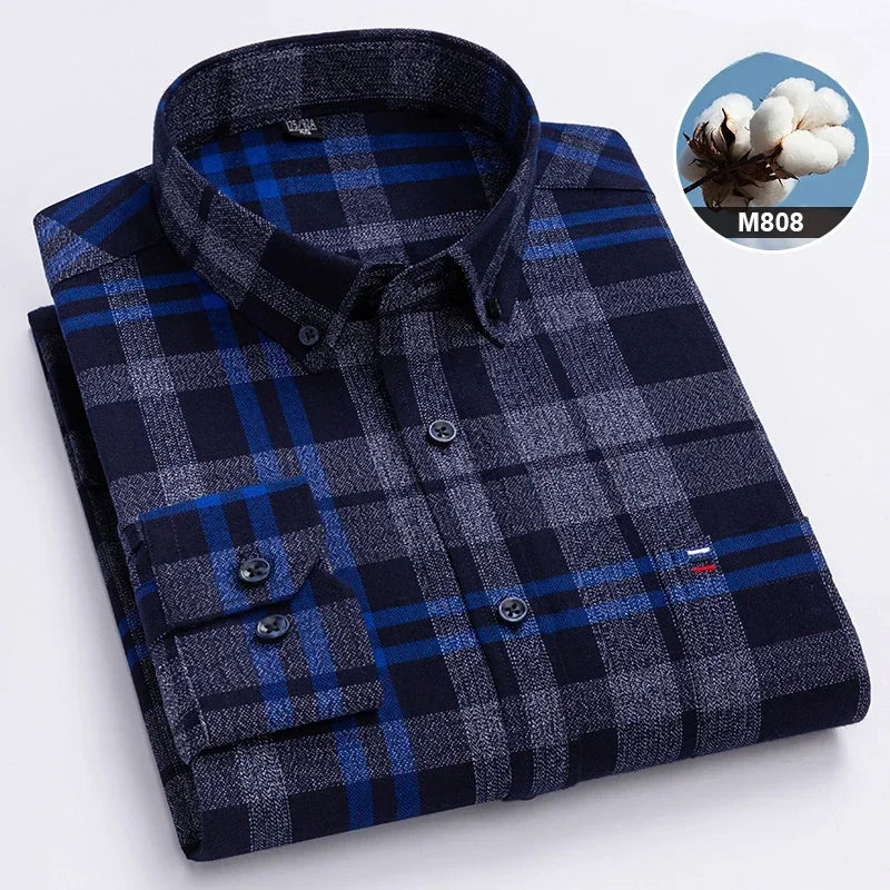 Hight qulity plus size 7XL100%cotton brushed long sleeve shirts for men korean plaid slim fit formal shirt soft designer clothes