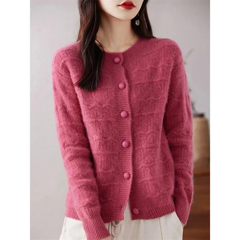 New Autumn And Winter Sweater Cardigan Jacket Women Fashion Sweet Wearing Solid Color Round Neck Sweater Top Bottoming Shirt - reetell