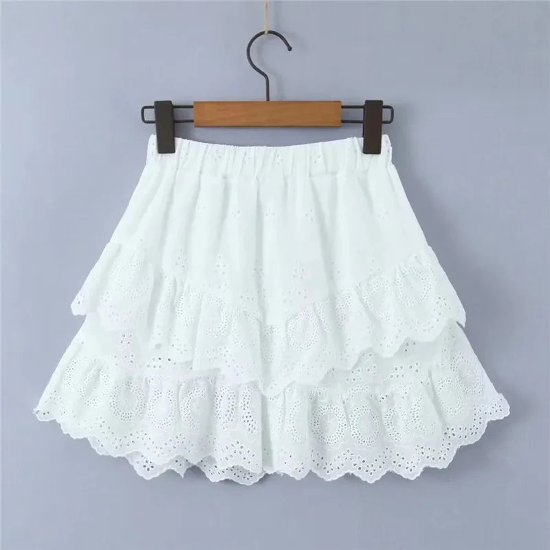 Korean fashion mini skirt kawaii vintage clothes Summer 2024 fashion embroideryed lace skirts for woman ruffle skirt cotton - reetell