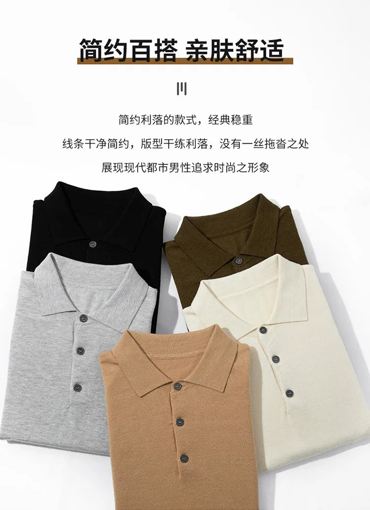 Summer 100% merino sweater men's lapel pullover short sleeve POLO neck sweater loose top knitted clothing plus size T-shirt