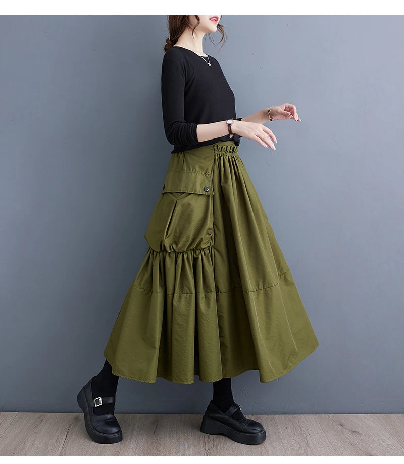 Oversized Spring Autumn Cargo Midi Skirt Women Elastic High Waist Fashion Ruffle Pleated Ladies Skirts Loose Casual Woman Skirt - reetell