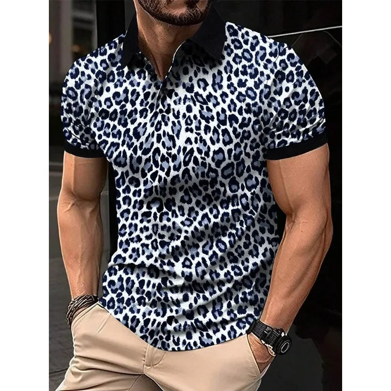 1pc New Men's Fashion T-shirt Leopard Print Short Sleeve Breathable Lapel  Men Clothing