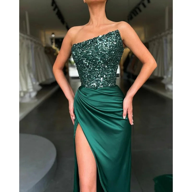 2024 Spring Summer New Green Sequined Fairy Long Sleeveless Fashion Dress Mid Evening Dress Strapless Sexy Formal - reetell