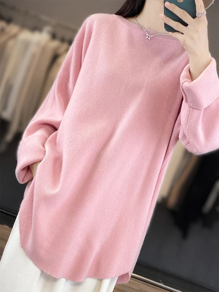 Fashion Women Round Collar Sweater 100% Merino Wool Pullovers Autumn Winter Loose Cashmere Knitwear Female Clothes Korean Tops - reetell