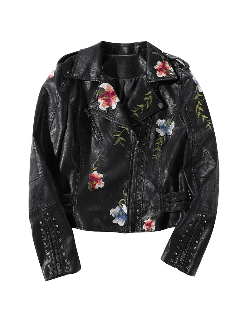 FTLZZ New Spring Autumn Women Biker Leather Jacket  Floral Print Embroidery Pu Leather Jacket Turn-down Collar Zipper Jacket