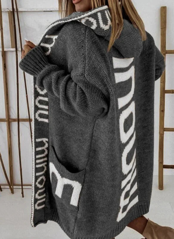 Women's Long Hooded Cardigan, Knitted Coat, Letter Pattern Knitwear, Vintage Long Knitwear, Loose, Monochromatic, Casual Sweater - reetell