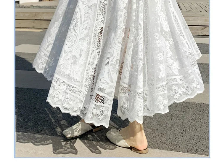 Lace High Waist Skirt Women Faldas Ropa Mujer Casual Loose Summer White Long Skirts Ladies Fashion Jupe Solid Woman Clothes Saia - reetell