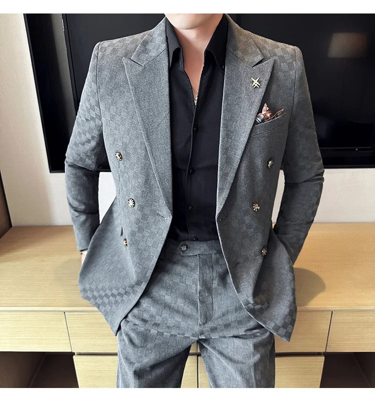 (Jacket+Pants) 2 Pieces Blue Apricot Business Party Men Suits Double Breasted Formal Style Custom Made Wedding Groom Tuxedos - reetell