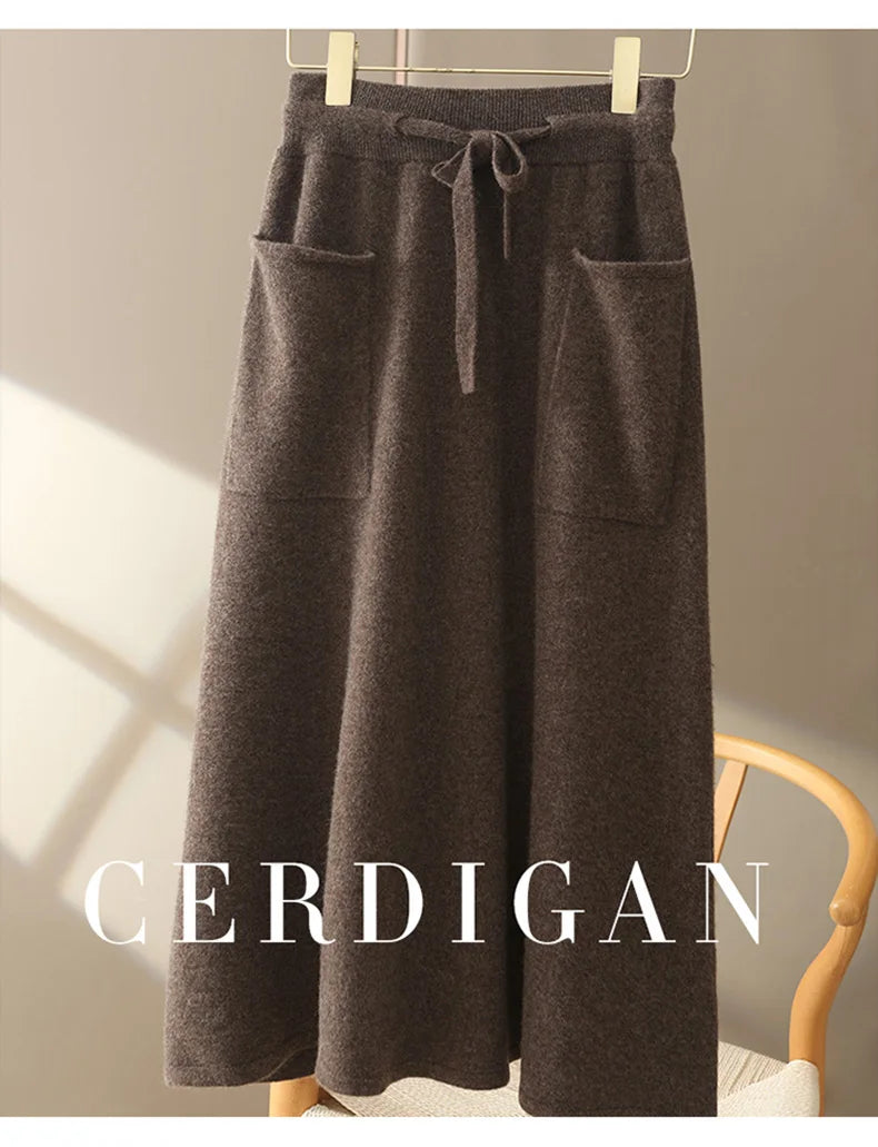 Autumn And Winter100% Pure Wool Skirt Women's Long Pocket Small A Skirt High Waist Slim Cashmere Knit A-Line Skirt - reetell