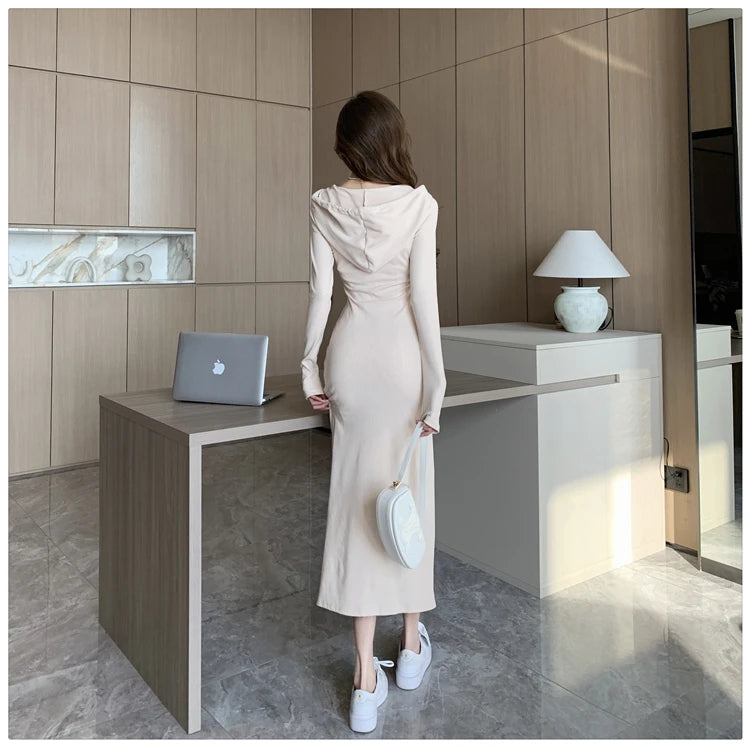 Autumn Fashion Solid Hooded Party Dresses for Women Elegant Birthday Evening Dress Female Sweatshirt Slit Midi Vestidos Mujer - reetell