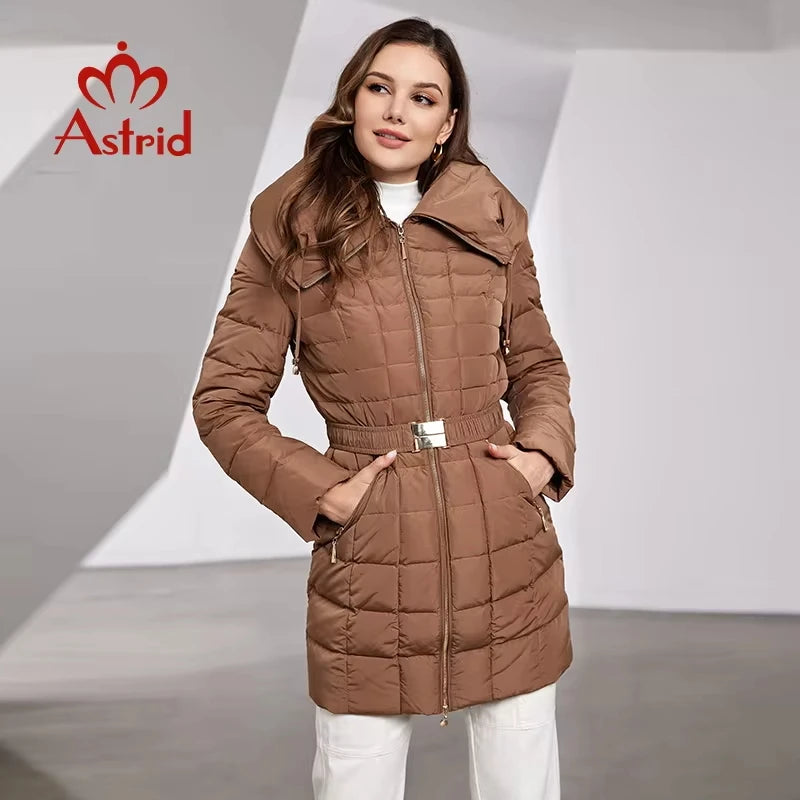 Astrid 2023 New Women's Winter Jacket Hooded Belt Long Parkas Warm Padding Puffer Plaid Quilted Coat Down Jacket Thick Snow Wear