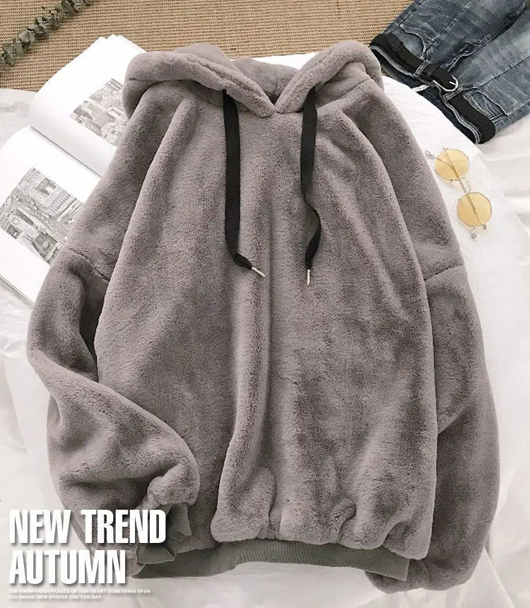 Autumn Winter Fleece-lined Hooded Long-sleeve Sweatshirt Women Hoodies Fashion Loose Couple's Warm Plush Coat Lazy Style Tops - reetell