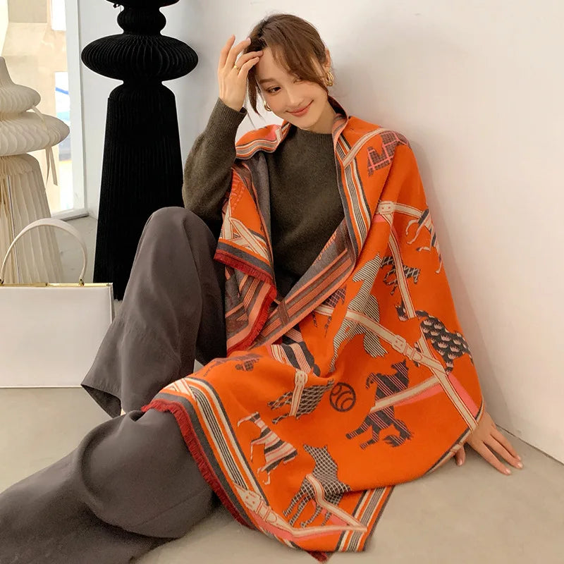 Women's Autumn Winter Horse Pattern Scarf New Luxury Cashmere Feeling Large Blanket Wrap Soft Warm Brand Shawl Retro & Classical - reetell