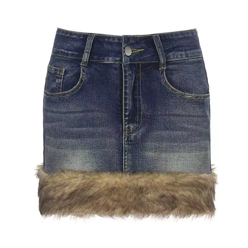 Fashion Fluff Edge Wash Denim Short Skirt Personalized Versatile Spice Girl Skirt Y2k Retro Low Waist Sexy Slim A-line Skirt - reetell