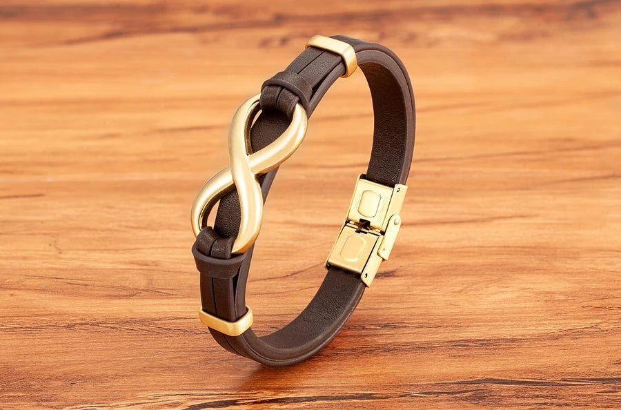 TYO Luxury Genuine Leather Infinity Symbol Mens Bracelet Stainless Steel Buckle Couple Bangles Jewelry Dropshipping Wholesale