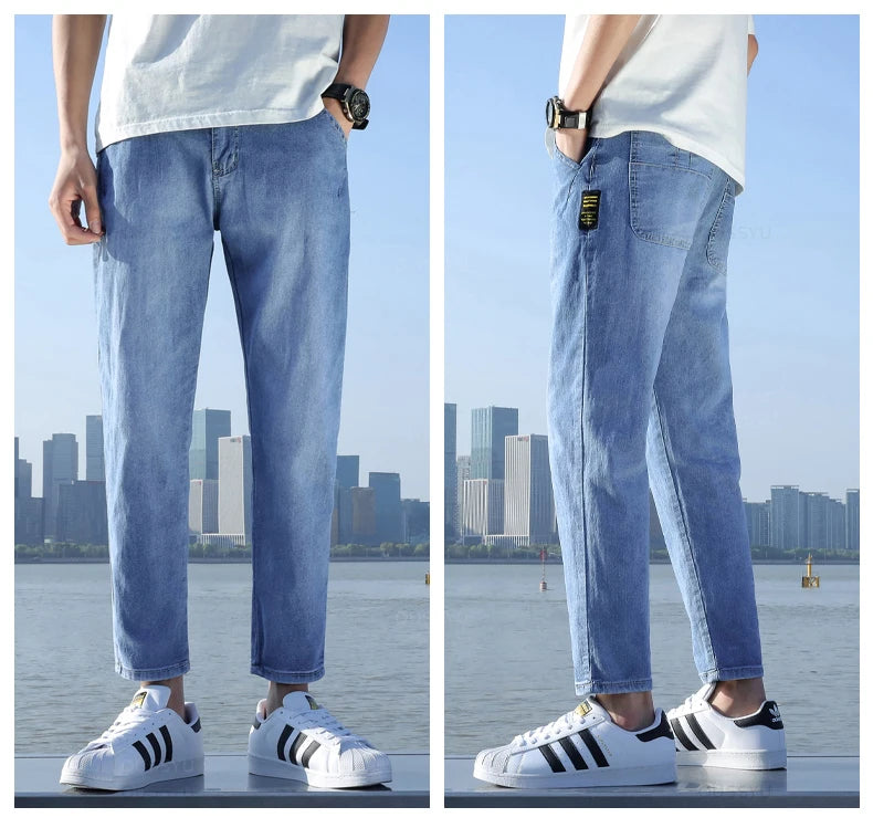 2024 New Men's Stretch Ankle Length Jeans Light blue Fashion Casual Cotton Slim Fit Denim Pants Korean Trousers Male Brand Cloth - reetell