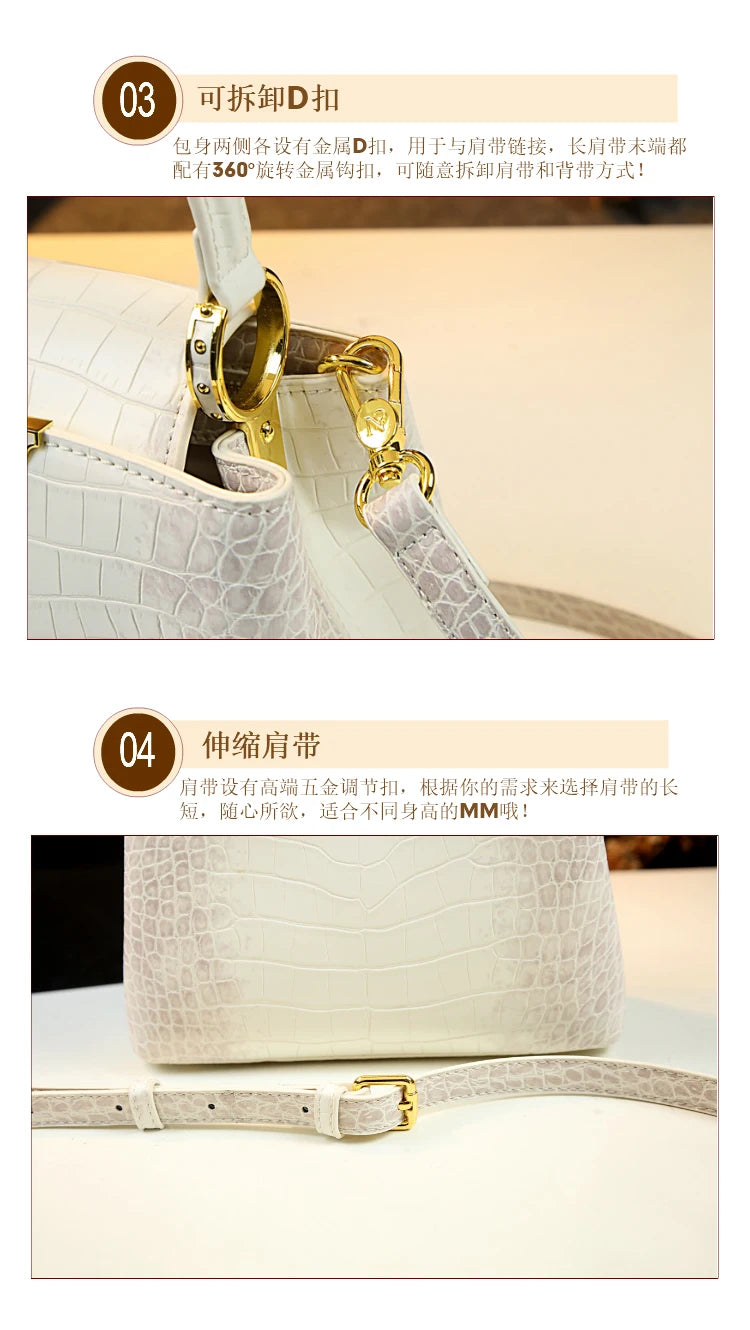 Luxury Fashion White Leather Women Handbags 2024 New Female Small Shoulder Messenger Bag Crocodile Pattern Portable Shell Bags - reetell