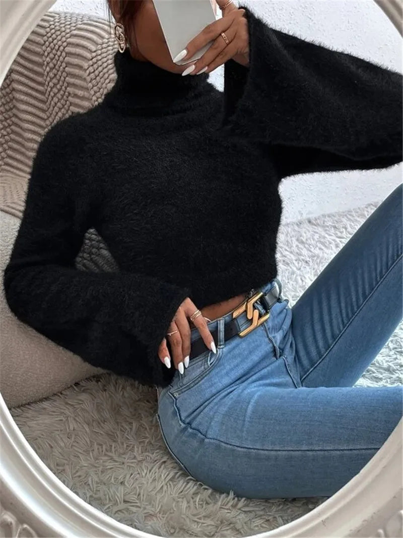 Autumn and winter Europe and the United States cross-border new Amazon turtleneck short belly button fleece sweater - reetell