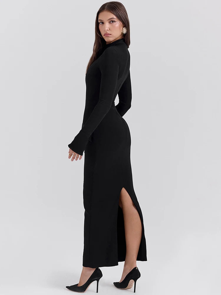 Mozision Black Long Sleeve Sexy Maxi Dress For Women Autumn Winter New O Neck Two Pocket Back Split Bodycon Long Dress Elegant - reetell