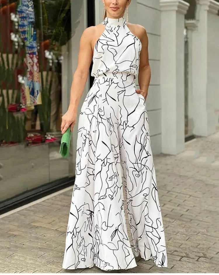 Women's Elegant Waist Halter Jumpsuit Casual Print Tie Sleeveless Wide Leg Long Pant Summer Clothing - reetell