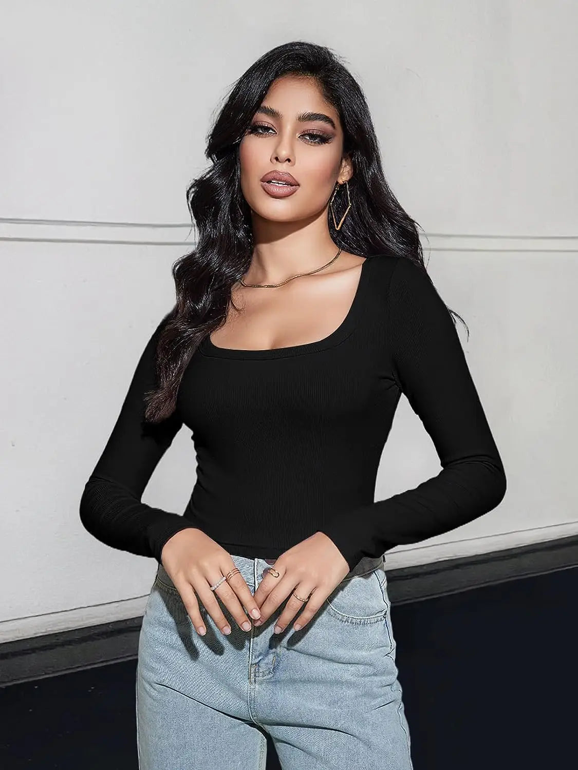 Women's Long Sleeve Square Neck Crop Top Ribbed Slim Fitted Y2K Casual T-Shirt Tops - reetell