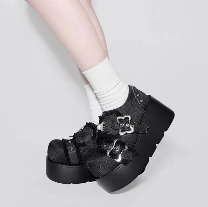 Punk Metal Chain Chunky Platform Ankle Boots Women 2024 Winter Y2K Thick Bottom Denim Boots Woman Black Gothic Lolita Shoes