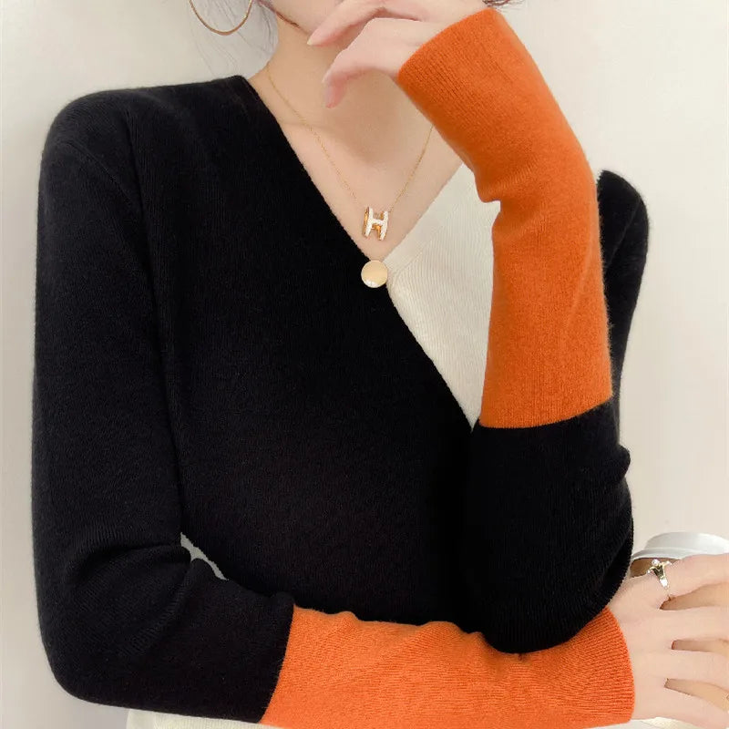 Women's Cashmere Sweater Spring Colorblock Sweater Women Casual Pullover Ladies Knitwear Fashion Sweater Female Thin Inner Top - reetell