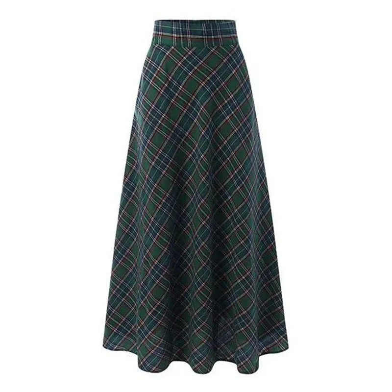 Autumn Winter Women Skirt Korean Style Retro Plaid A-line Skirt Fashion Loose High Waist Stretch Party Long Skirt S-5XL(UK 8-24) - reetell