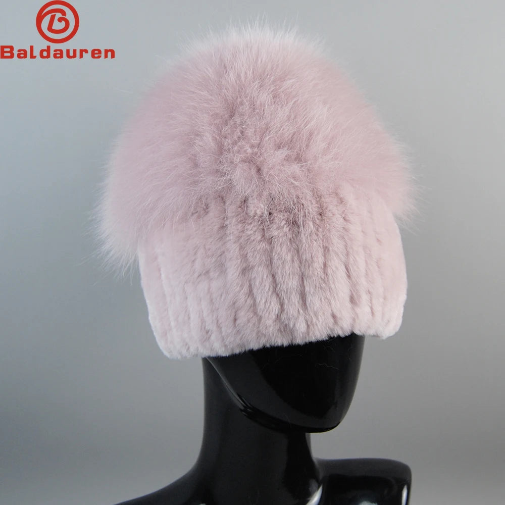 2024 Lady Winter Real Fur Hats Women Warm Knitted Genuine Rex Rabbit Fur Hat Top Natural Fox Fur Bomber Caps Rex Rabbit Fur Cap - reetell