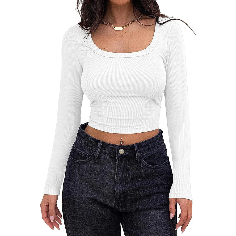 Women's Long Sleeve Square Neck Crop Top Ribbed Slim Fitted Y2K Casual T-Shirt Tops - reetell