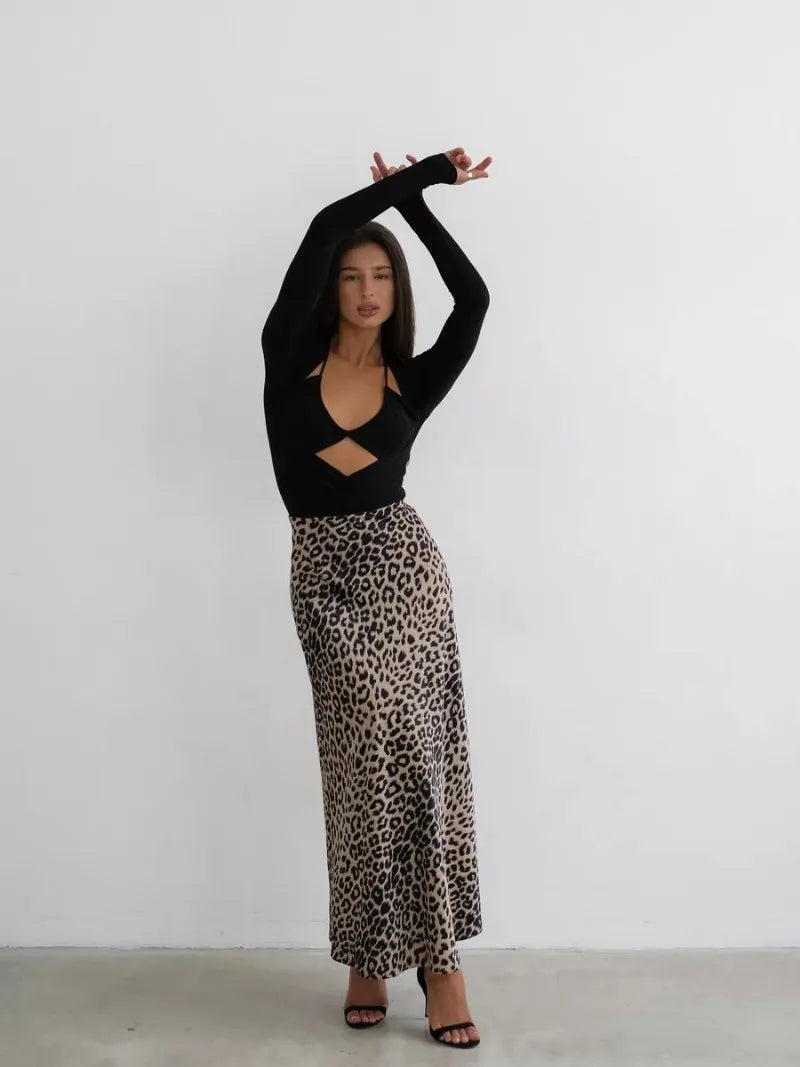 Sexy Leopard Print Long Skirts For Women 2024 Summer Fashion Vintage Women's Satin Maxi Skirt Female High Waist A-Line Skirt - reetell