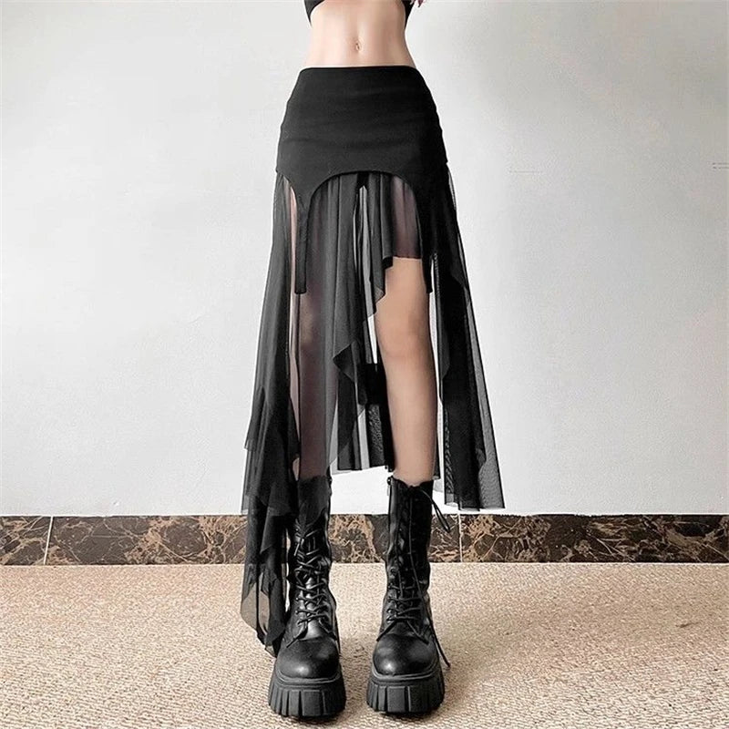 Women Clothes Vintage Y2K Harajuku Aesthetic Fairy Asymmetrical Skirts Summer Female Sexy Split Solid High Waist Slim Midi Skirt - reetell