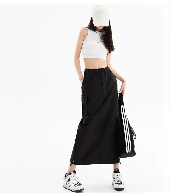 American Retro Cargo Skirt for Women Summer Slit Design Drawstring High Waist Mid-length Skirt Y2k Streetwear Fashion Clothing - reetell