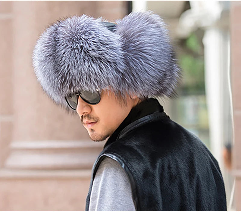 Winter Men's 100% Real Silver Fox Fur Bomber Hat Raccoon Fur Ushanka Cap Trapper Russian Man Ski Hats Caps Real Leather