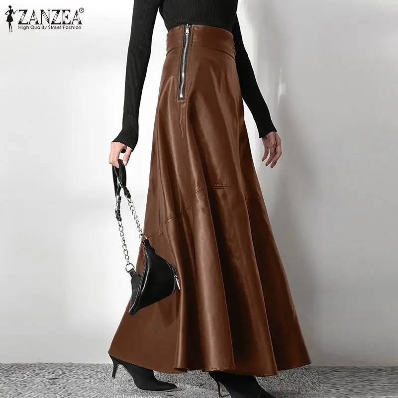 2023 Fashion Solid Mujer Faldas ZANZEA PU Leather Maxi Skirts Women's Elegant OL Long Saias Casual High Waist Zipper Jupe Femme - reetell