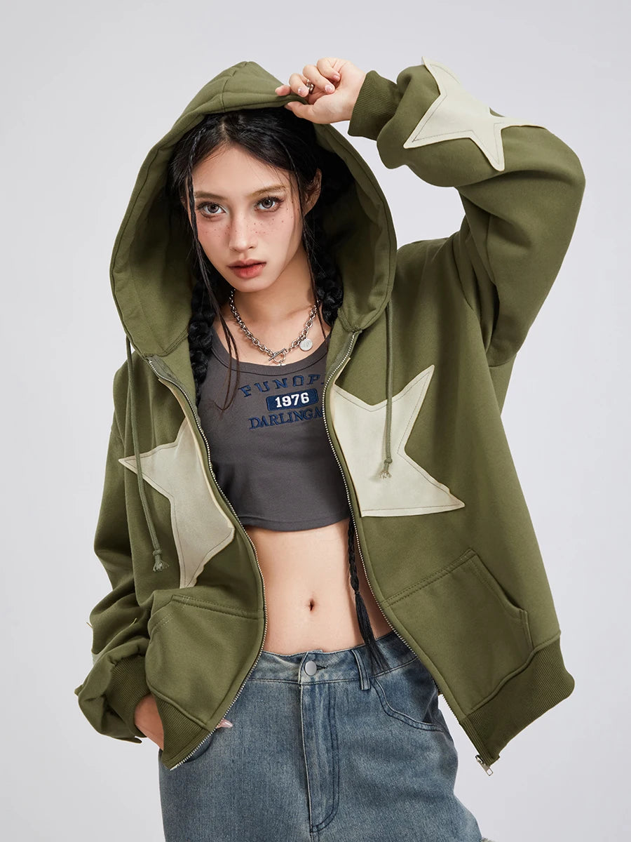 wsevypo Grunge Retro Star Print Hoodies Autumn Women's Long Sleeve Zip-up Hooded Sweatshirts with Front Pocket Street Outwear - reetell