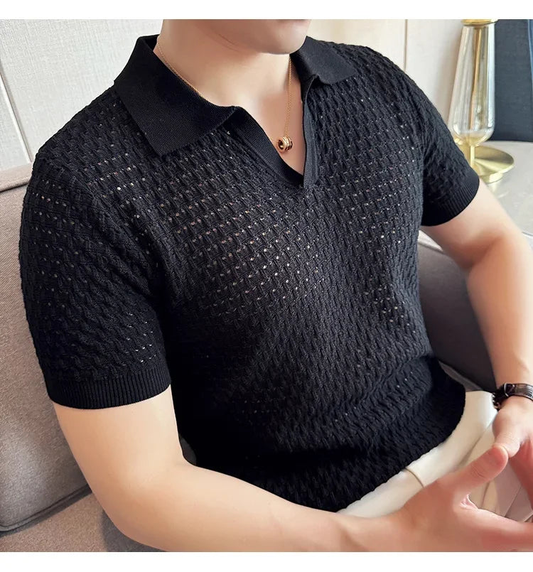 Men's Polo Shirt 2024 Summer New Light and Thin Knitted Hollow Solid Color Casual Short Sleeved V-neck T-shirt Men's Clothing