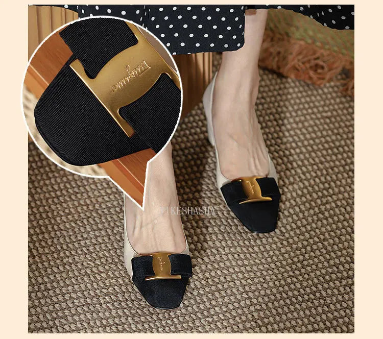 2024 New Temperament Elegant Fashion High-heeled Shoes Women's Shoes Spring Bow Mid-heel Leather All-match Thick-heeled Shoes