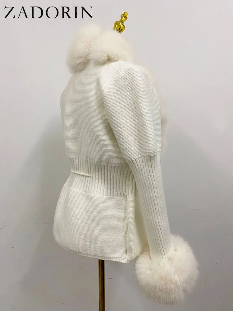 ZADORIN Luxury Fur Cardigan Knit Winter Sweater Women Elegant Detachable Fur Belt White Pink Black Womens Cardigan Korea Style - reetell